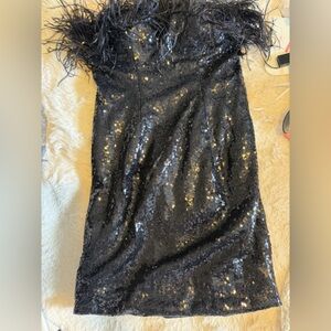 Black Sequin Midi Skirt with Feather Trim